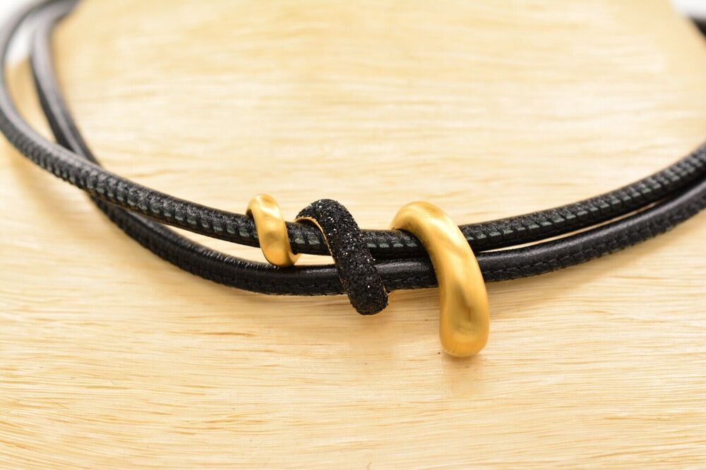 Kingka Steel Necklace Collar Choker Brushed Gold Matte Black Cord Signed Bin2